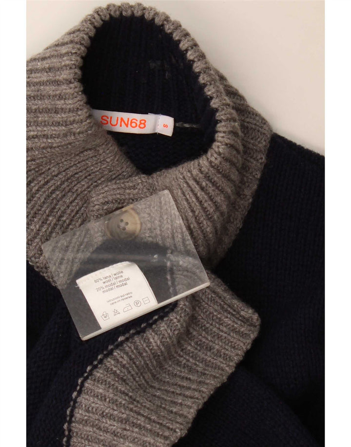 Sun68 Herre Regular Fit Button Neck Jumper Sweater Small Navy Blue Wool