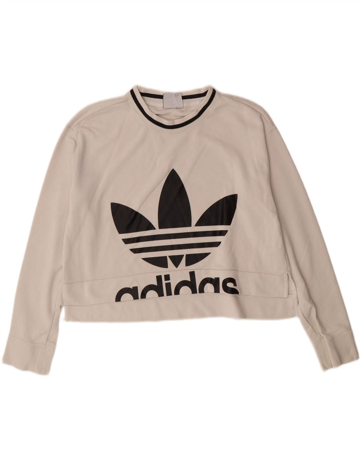 ADIDAS Womens Graphic Crop Sweatshirt Jumper UK 12 Medium White Cotton Vintage Adidas and Second-Hand Adidas from Messina Hembry 