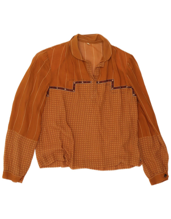 Vintage Dame Langærmet Bluse Top IT 48 XL Brun Geometrisk