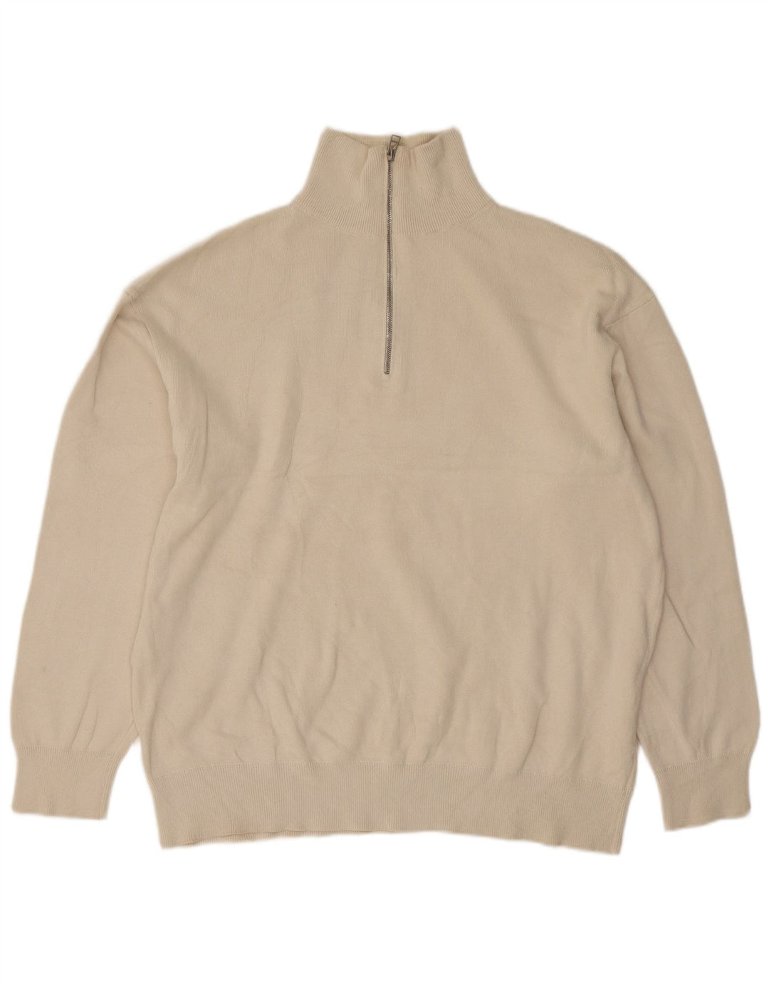 Zara Herre Zip Neck Jumper Sweater XL Beige Bomuld