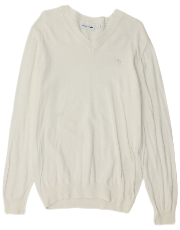 LACOSTE Mens V-Neck Jumper Sweater Size 5 Large White Cotton