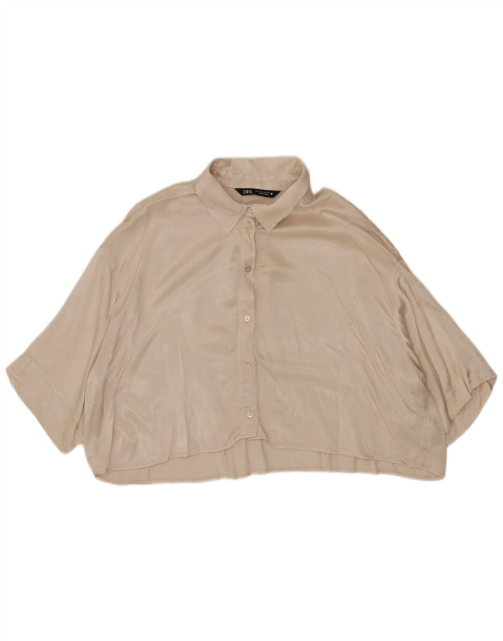 Zara Womens Crop Oversized skjortebluse UK 10 Small Beige Viscose