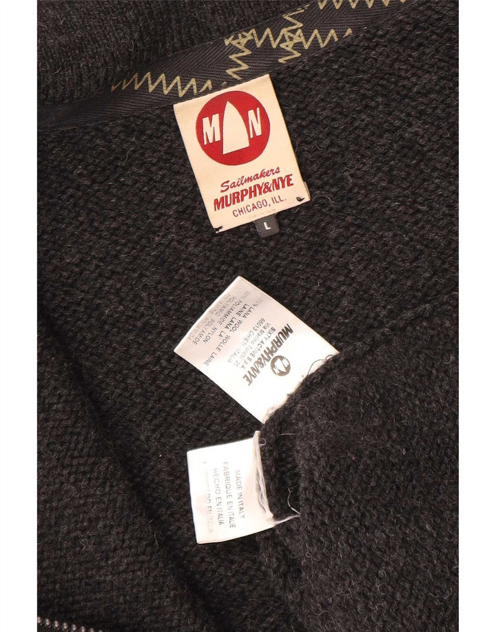 Murphy & Nye Herre Sailmakers Graphic Cardigan Sweater Large Grey Wool