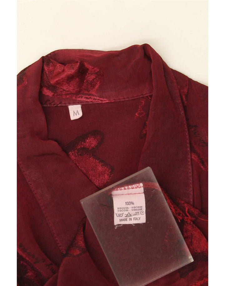 Vintage kvinders abstrakt mønster skjorte bluse UK 14 Medium Burgundy Viscose