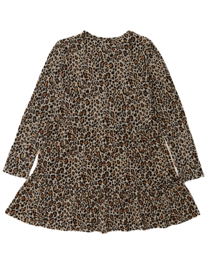 Zara Dame Langærmet A-Line Kjole UK 12 Medium Grey Animal Print
