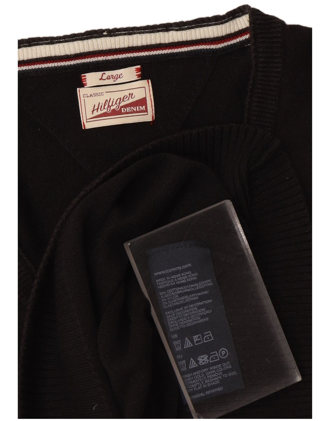 TOMMY HILFIGER Mens V-Neck Jumper Sweater Large Black Cotton