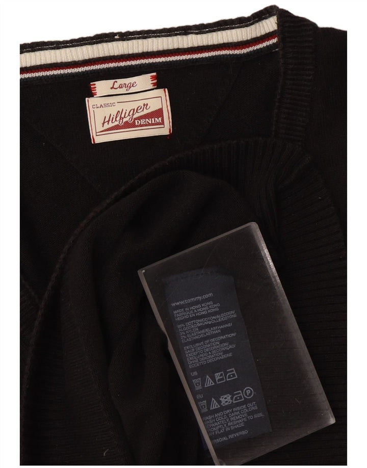 TOMMY HILFIGER Mens V-Neck Jumper Sweater Large Black Cotton