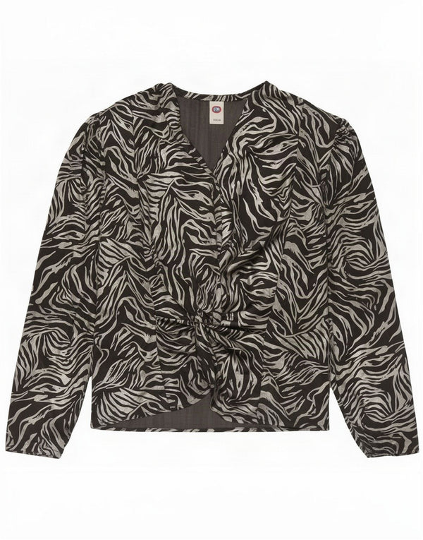C&A Womens Front Tie Shirt Bluse EU 40 Medium Black Animal Print Polyester