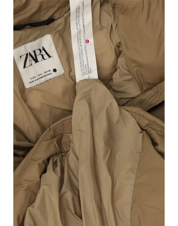 Zara Dame Hætte Oversized Polstret Jakke UK 16 Stor Beige Polyester
