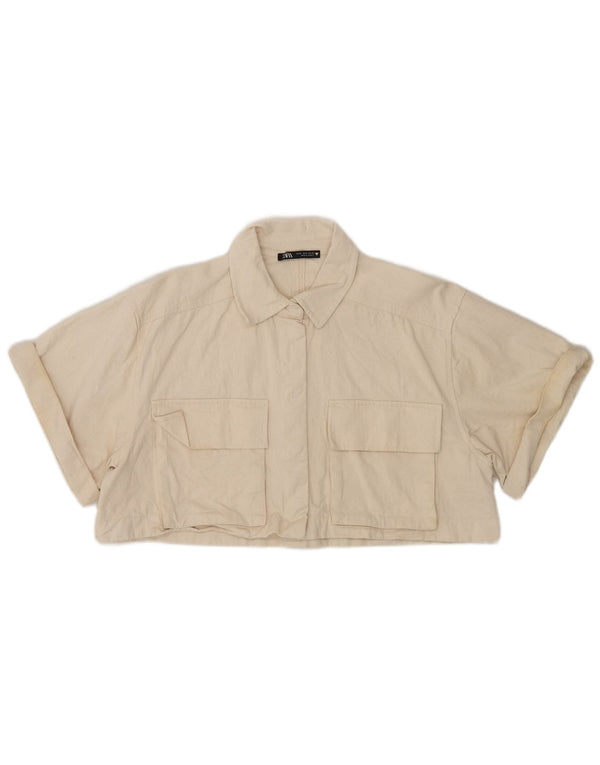Zara Kortærmet Crop-skjorte til kvinder UK 14 Medium Beige Bomuld