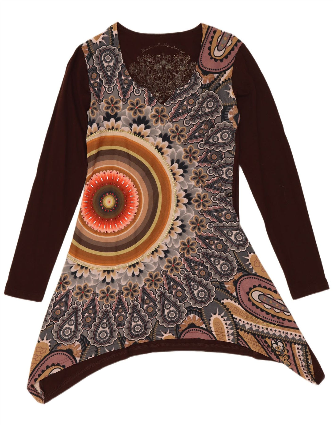 DESIGUAL Kvinders grafisk asymmetrisk tunikakjole UK 10 Small Brown Floral