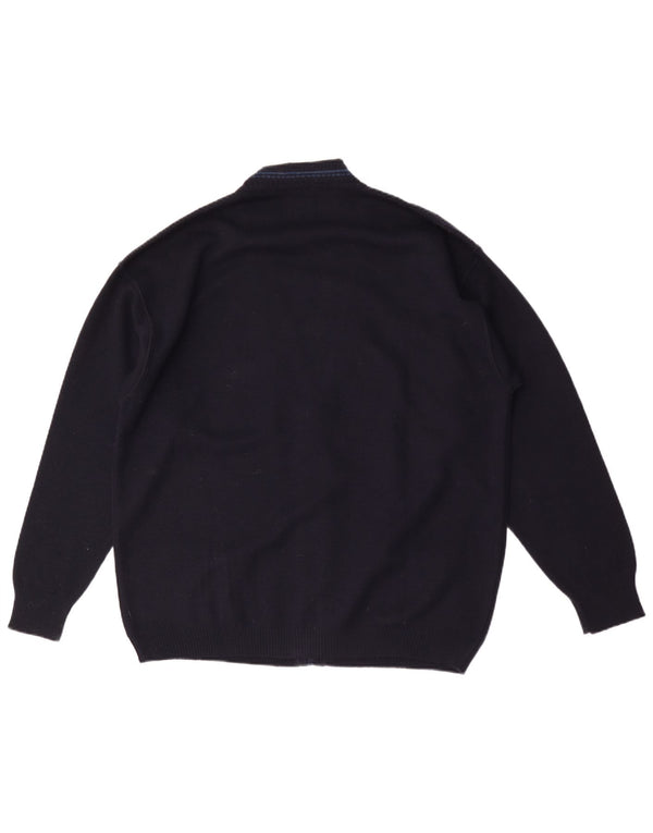 Vintage herre grafisk cardigan sweater XL marineblå uld