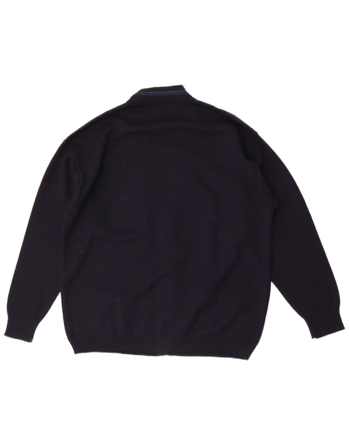 Vintage herre grafisk cardigan sweater XL marineblå uld