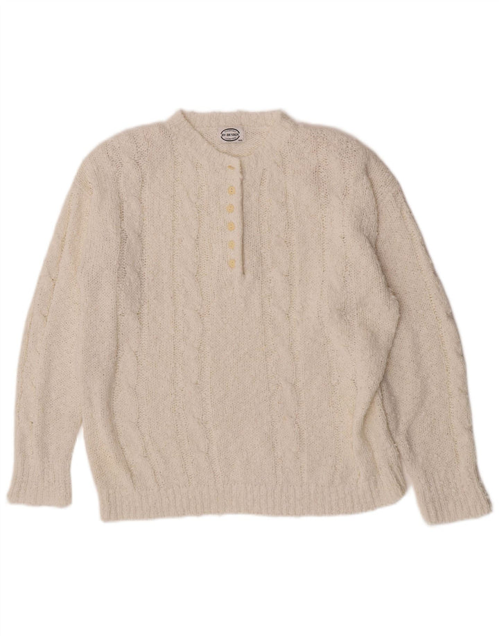 Vintage Womens Button Neck Jumper Sweater UK 14 Medium White Acryl
