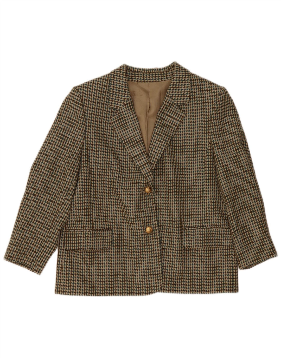 Vintage Dame 2-knaps blazerjakke IT 47 Stor Grøn Houndstooth Uld