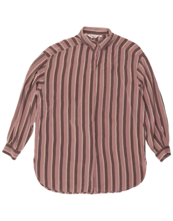 VINTAGE skjortebluse til kvinder UK 14 Stor lyserød stribet silke