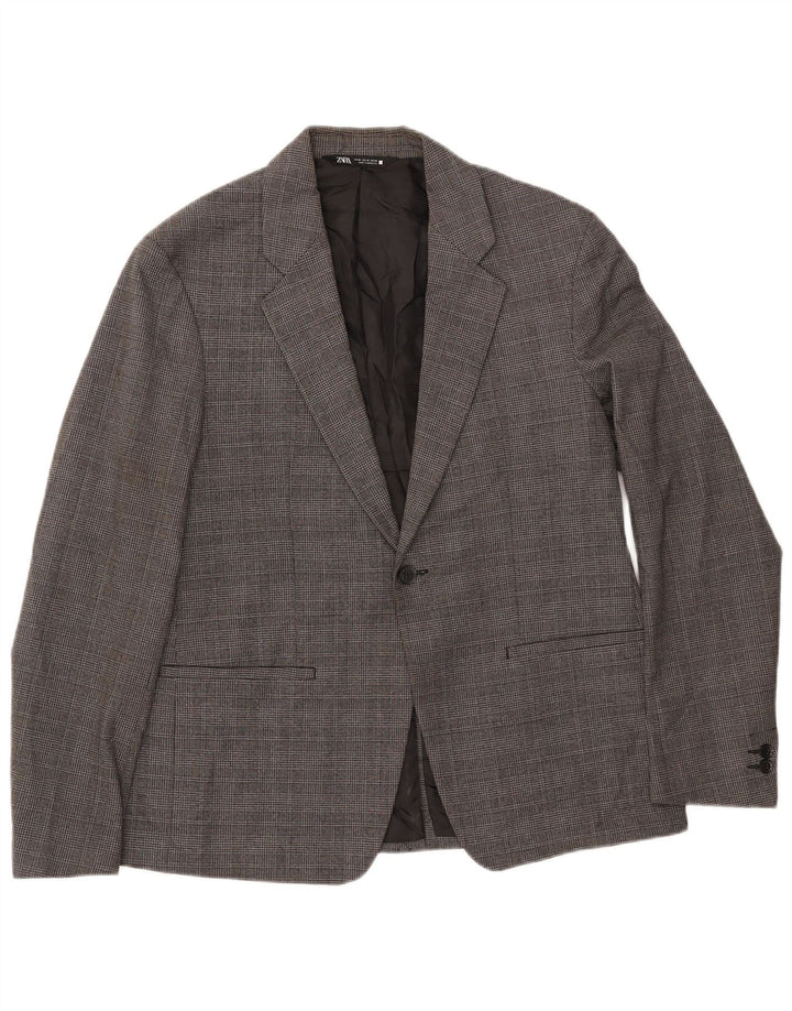 ZARA Blazerjakke til mænd med 1 knap EU 50 Medium Grå Houndstooth Polyester