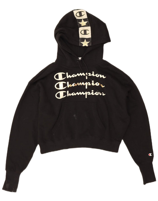 Champion Womens Oversized Crop Graphic Hoodie Jumper UK 10 Small Black