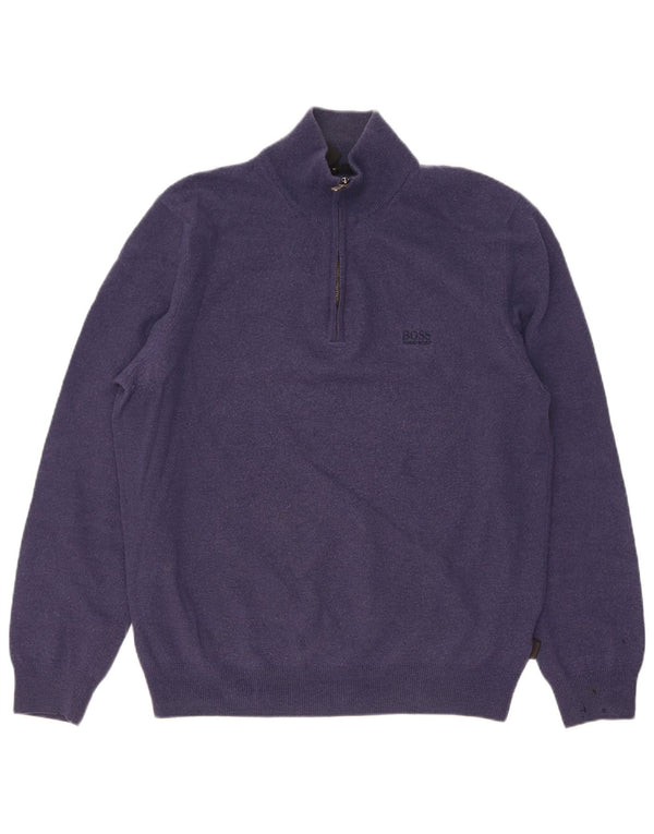 Hugo Boss Herre Zip Neck Jumper Sweater Large Navy Blue Virgin Wool