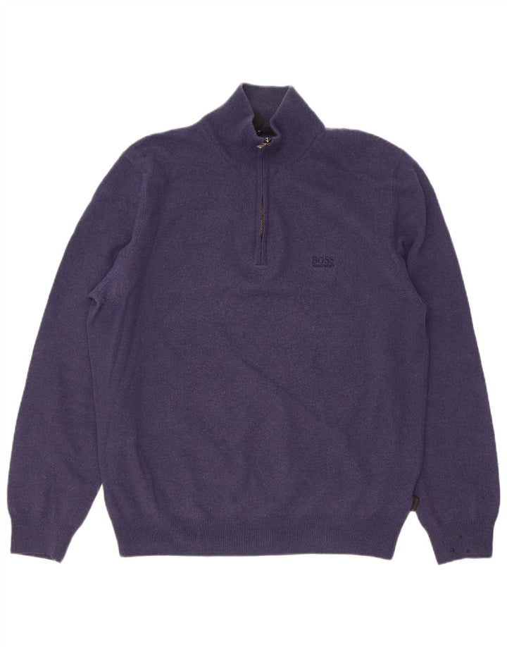 Hugo Boss Herre Zip Neck Jumper Sweater Large Navy Blue Virgin Wool