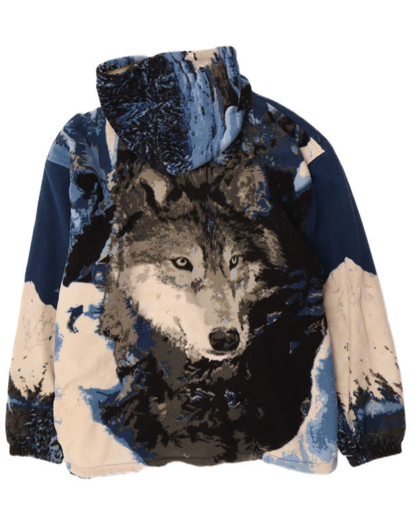 Vintage Sherpa Fleecejakke med hætte til mænd UK 42 XL Blue Animal Print