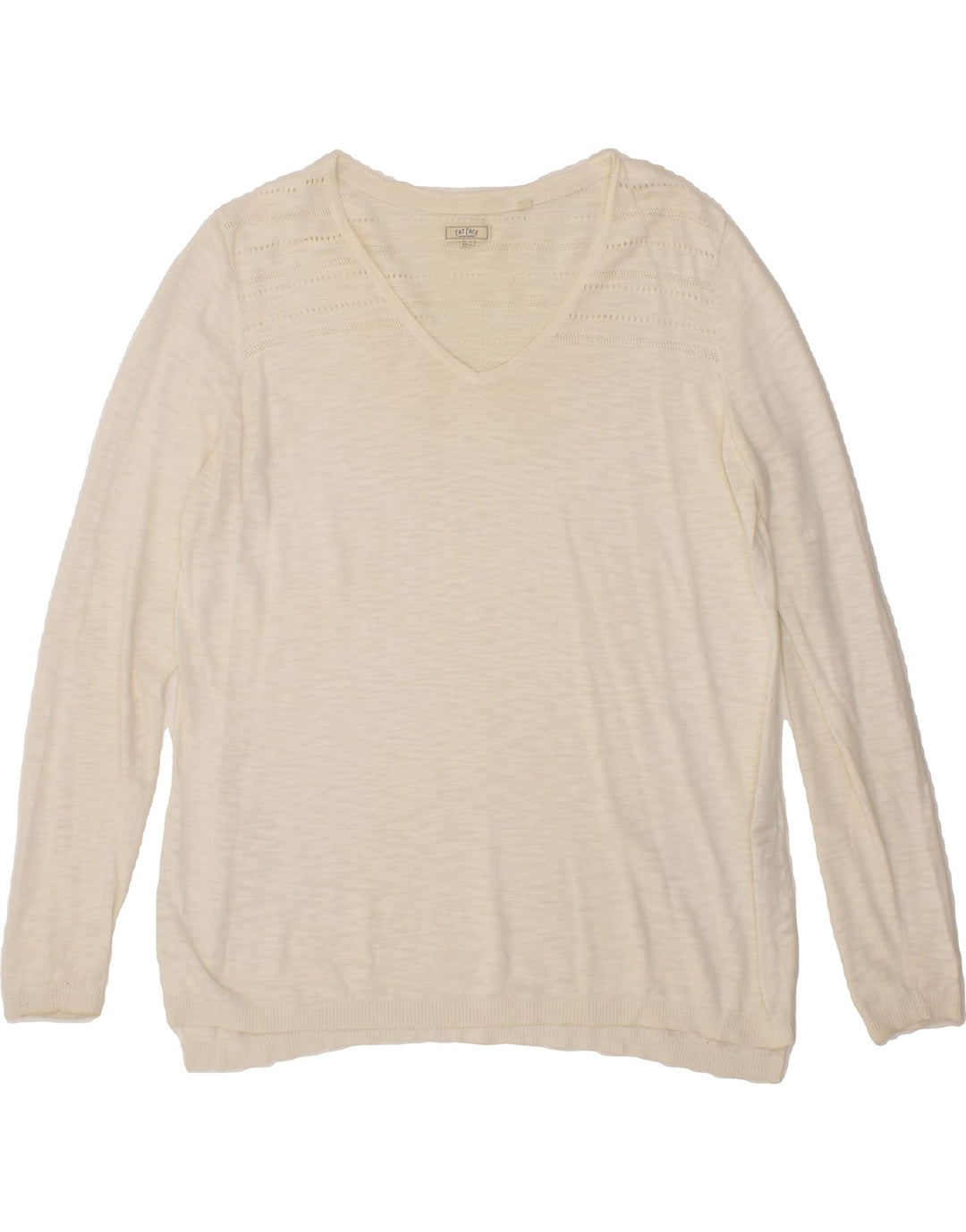 FAT FACE Womens V-Neck Jumper Sweater UK 14 Medium  White Cotton Vintage Fat Face and Second-Hand Fat Face from Messina Hembry 