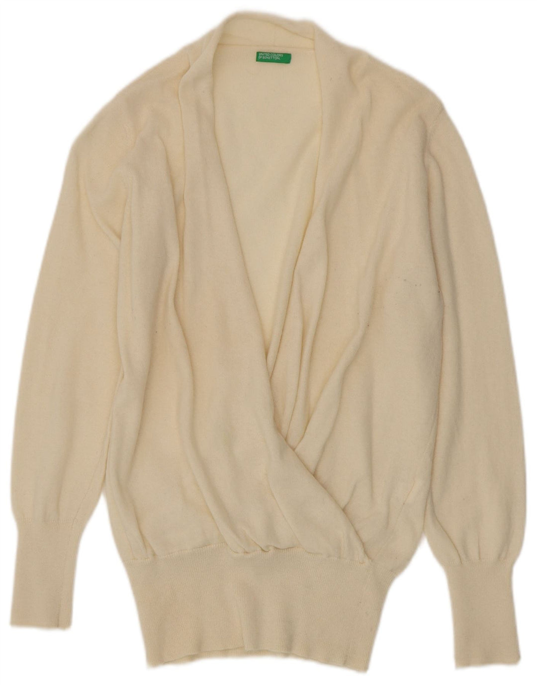 BENETTON Dame V-hals sweater UK 16 Large Off White Uld