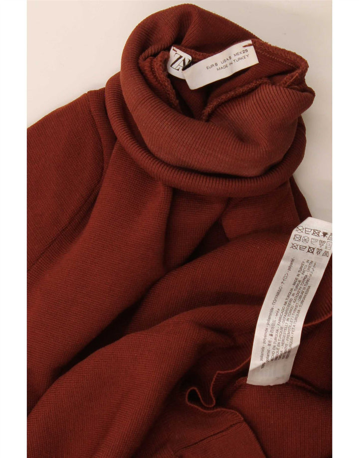 Zara Womens Crop Roll Neck Jumper Sweater UK 8 Small Brown Polyamide
