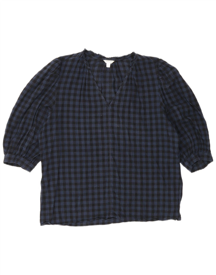 Jigsaw Dame 3/4 ærmet bluse Top UK 12 Medium Blue Gingham Bomuld