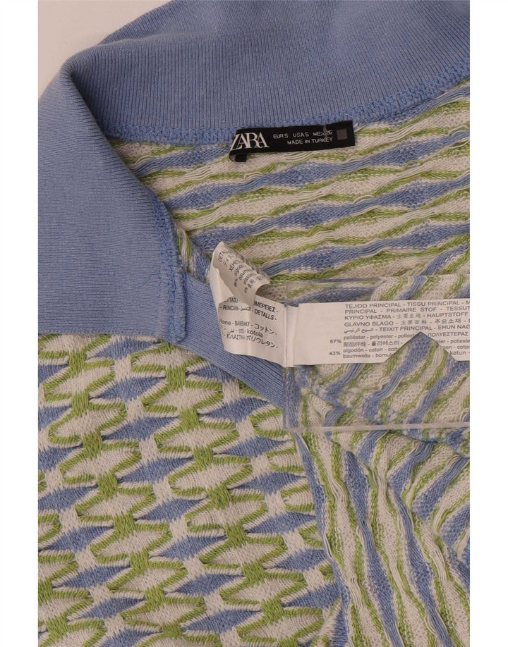 Zara Womens Crop Polo Shirt UK 10 Small Green Geometric Polyester