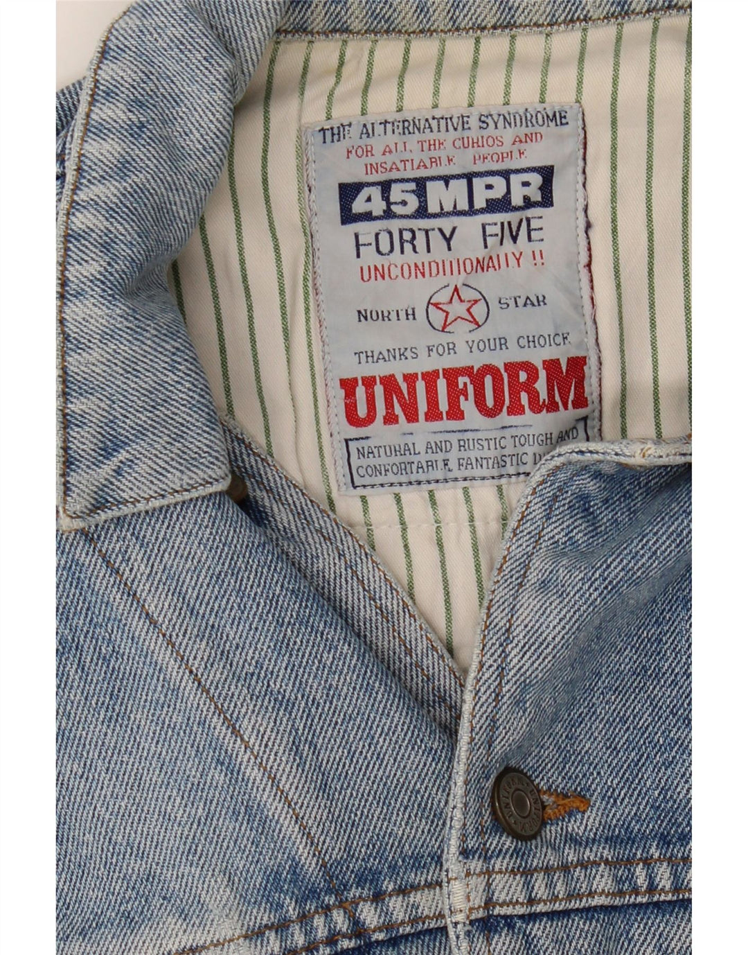 UNIFORM Dame Crop Graphic Denim Jacket UK 14 Large Blue