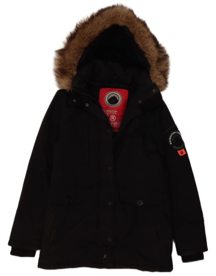 Superdry Parkajakke med hætte til kvinder UK 12 Medium Sort Nylon