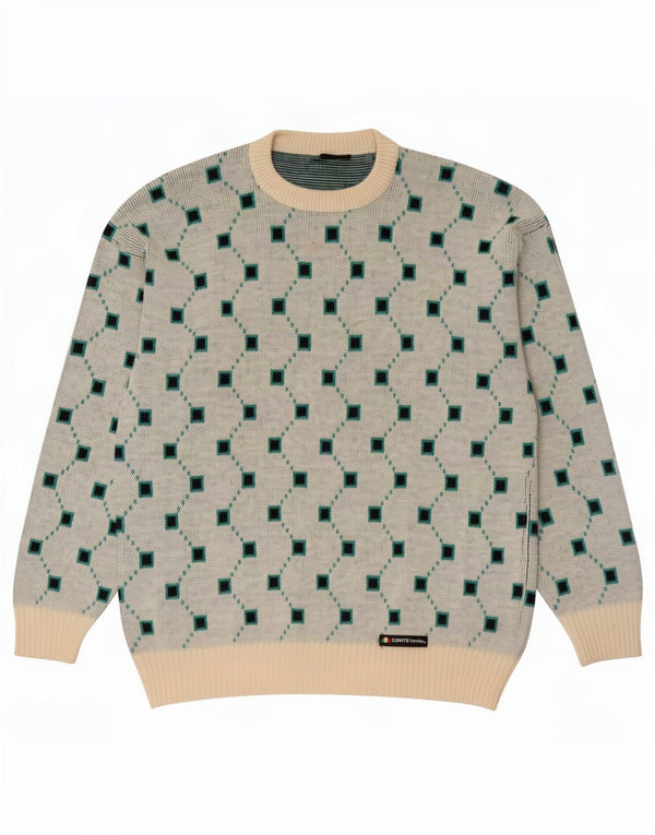 Vintage herre sweater med rund hals IT 54 XL Grå geometrisk uld