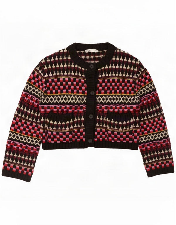 Zara Womens Crop Cardigan Sweater UK 16 Large Multicolored Geometric