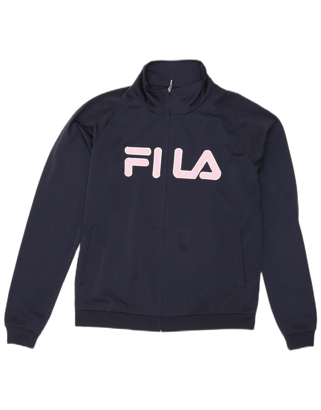 FILA Womens Graphic Tracksuit Top Jacket UK 12 Medium Navy Blue Polyester