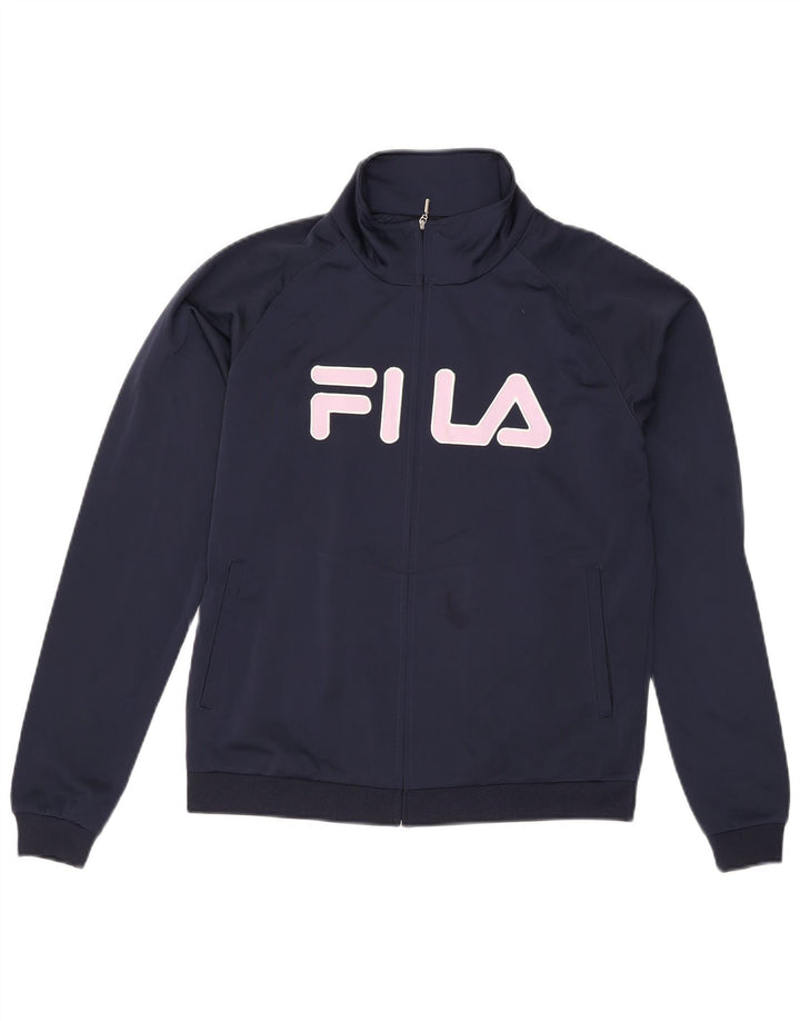 FILA Womens Graphic Tracksuit Top Jacket UK 12 Medium Navy Blue Polyester