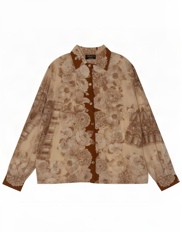 Vintage Womens See Through Shirt Blouse UK 14 Large Beige Floral Silk