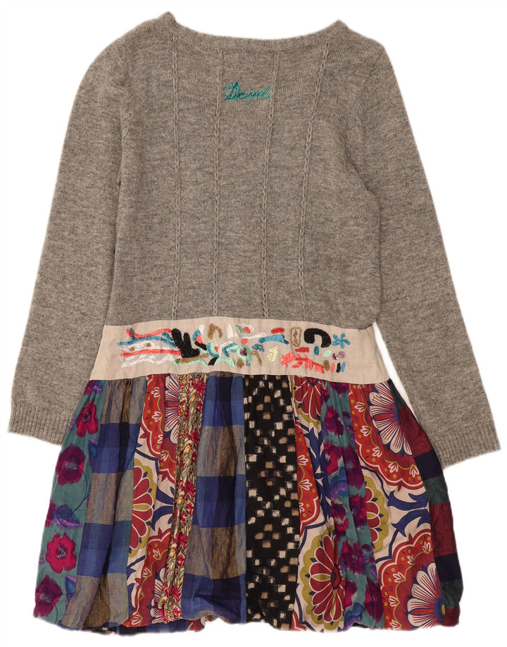 DESIGUAL Dame Langærmet Jumper Kjole EU 44 XL Grå Patchwork Linned