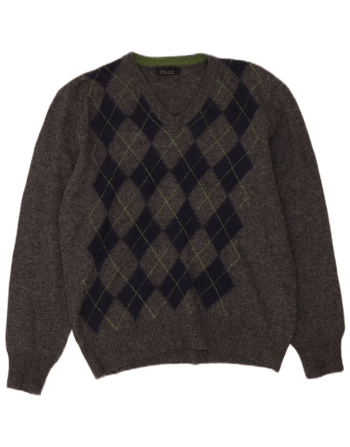 Zara Herre V-hals sweater Medium Grey Argyle/Diamond