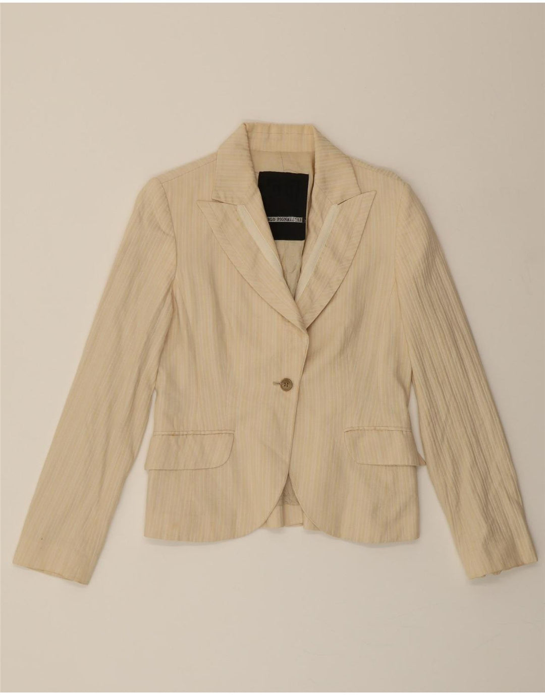 CARLO PIGNATELLI Womens 1 Button Blazer Jacket IT 44 Medium Beige Striped Vintage Carlo Pignatelli and Second-Hand Carlo Pignatelli from Messina Hembry 
