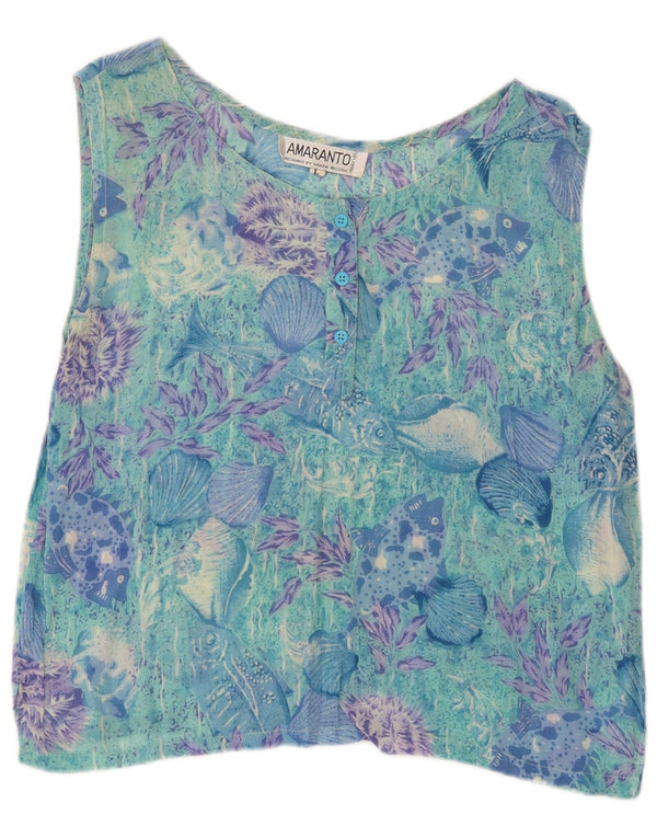 Amaranto Womens Sleeveless Crop Top UK 16 Large Blue Floral Viscose