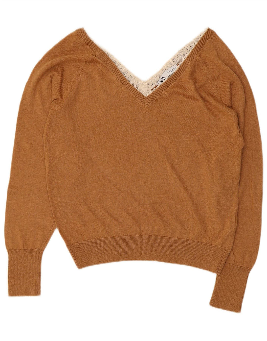Zara Dame V-hals sweater UK 10 Small Brown Lyocell