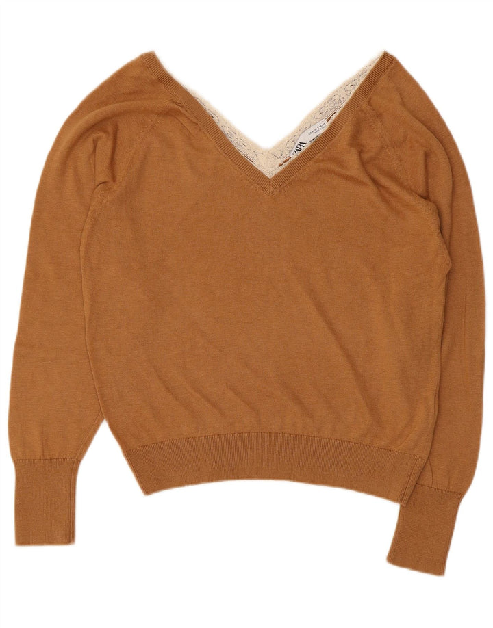 Zara Dame V-hals sweater UK 10 Small Brown Lyocell
