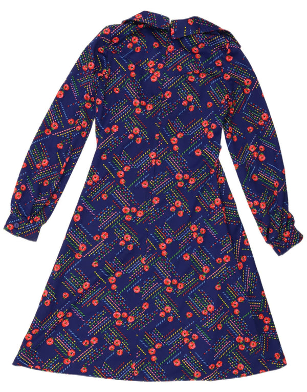 Vintage Dame Langærmet A-Line Kjole UK 14 Medium Blue Floral