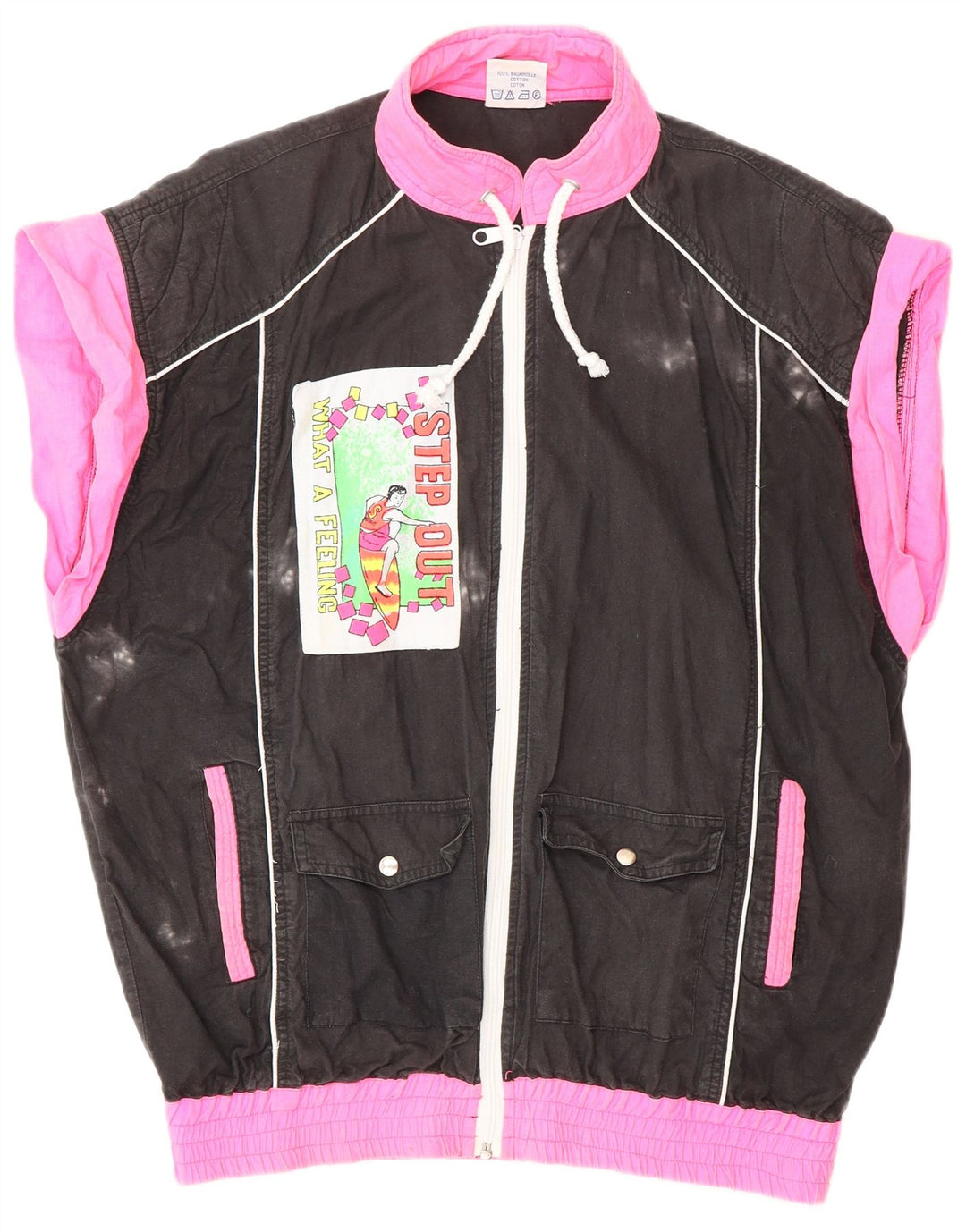 VINTAGE Grafisk træningsdragt topjakke til kvinder UK 18 XL Sort Colourblock