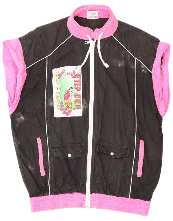 VINTAGE Grafisk træningsdragt topjakke til kvinder UK 18 XL Sort Colourblock