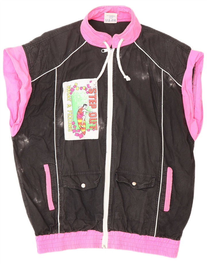 VINTAGE Grafisk træningsdragt topjakke til kvinder UK 18 XL Sort Colourblock