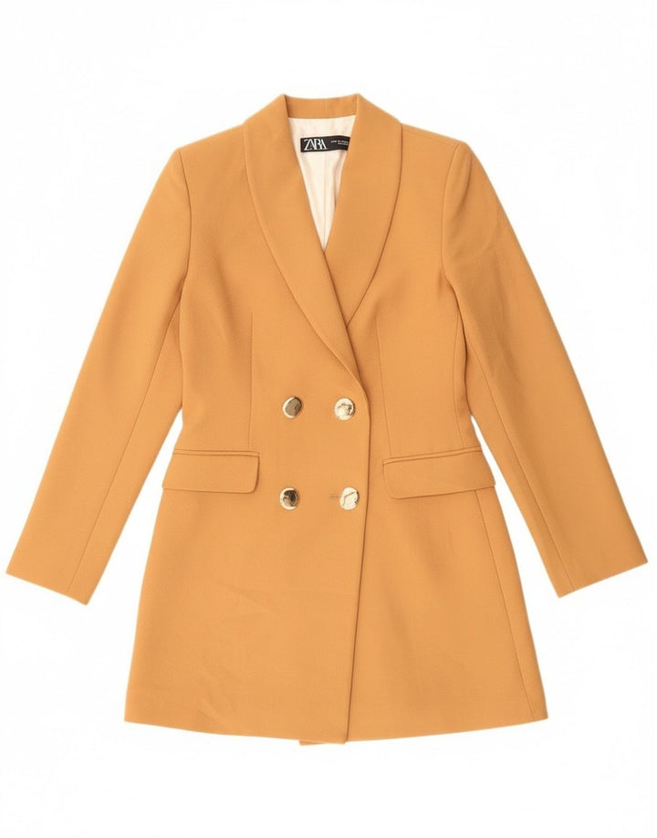 Zara Dame Longline Double Breasted Blazer Jacket UK 6 XS Orange Polyester