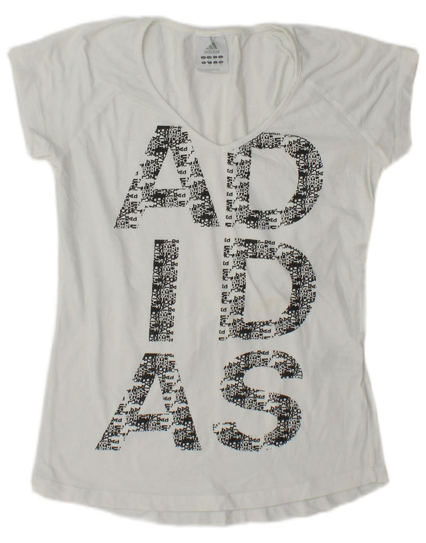 Adidas Dame Grafisk T-Shirt Top UK 10 Small White Bomuld