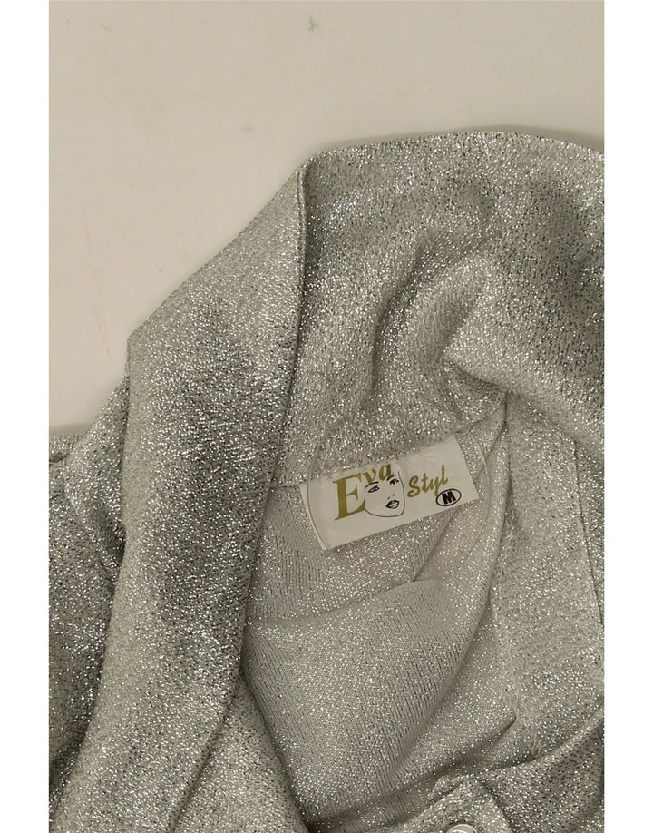Vintage Dame Front Tie Shirt Bluse UK 12 Medium Sølv Flecked